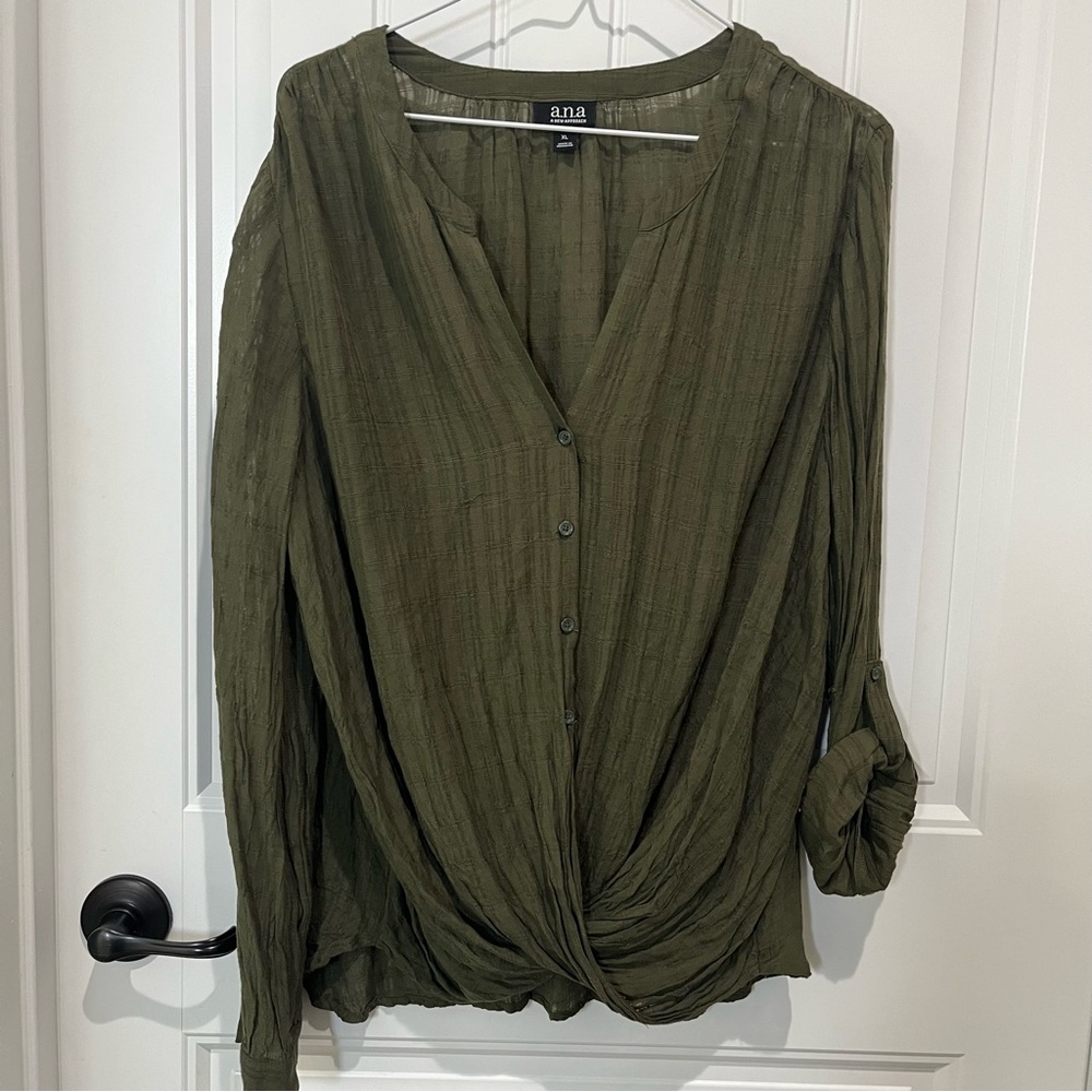 A.N.A. Twisted waist olive roll‎ tab sleeves drapey blouse XL